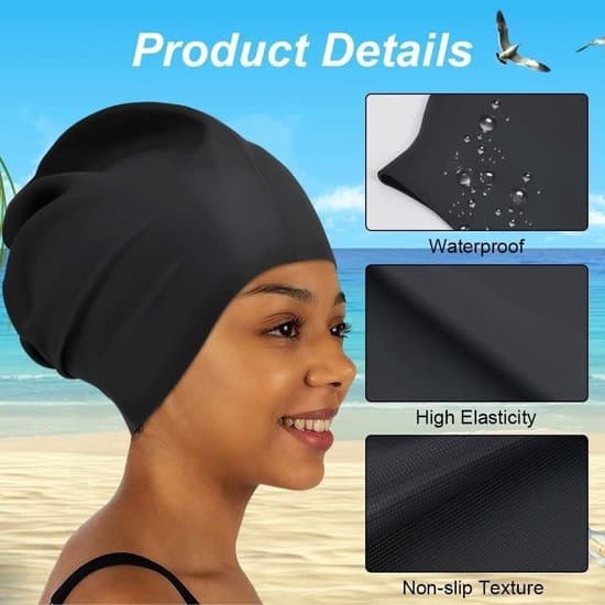 Ekstra stor badehætte til langt hår, unisex vandtæt silikone badehætte til tykt, krøllet, dreadlocks, sort.