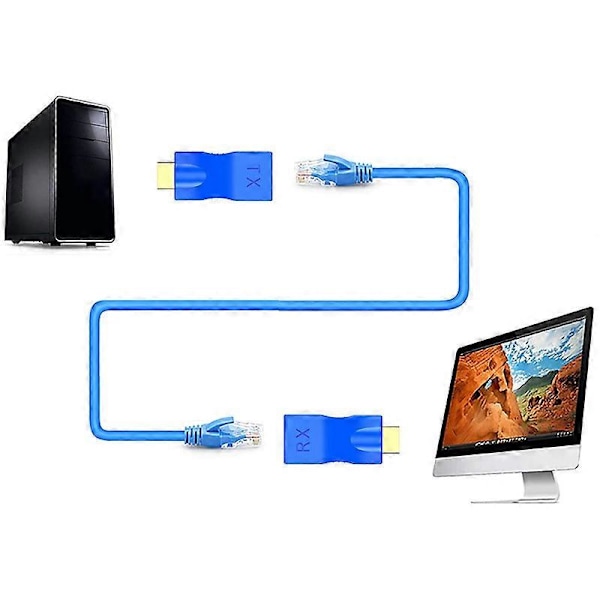 2-pak HDMI-forlenger, HDMI til RJ45-konverter Repeater over Cat 5E / 6 1080P opptil 30M Forlenger for HD