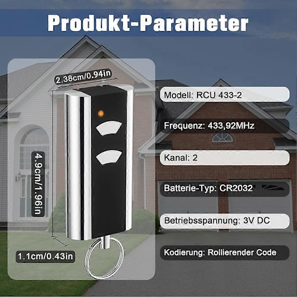 Til Normstahl RCU 433-2K Garageportåbner Håndholdt Sender