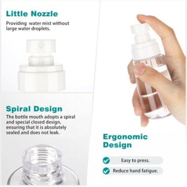 Set med 3 små 100 ml resesprayflaskor, tomma resesprayflaskor, mini sprayflaskor i plast med fin dimma