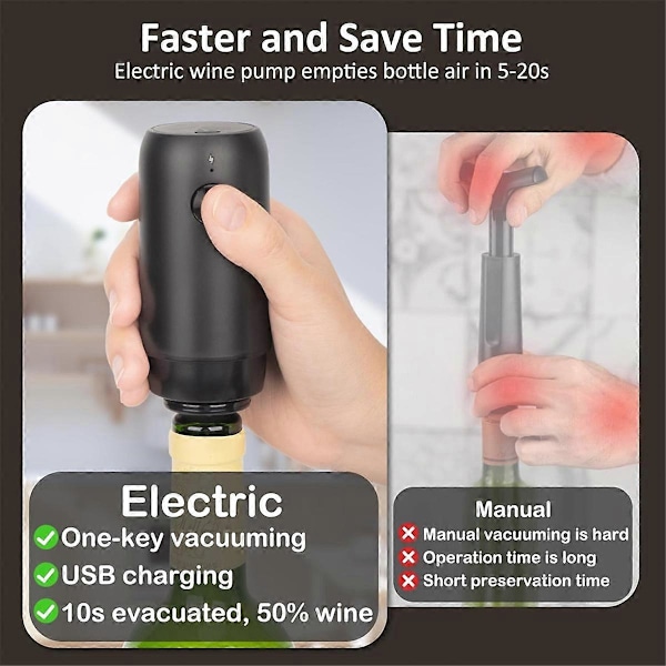 Elektrisk vinbeskytterpumpe med vinpropper vakuum, vinbevarer holder din vin frisk i op til 10 dage, USB genopladelig 2024THO