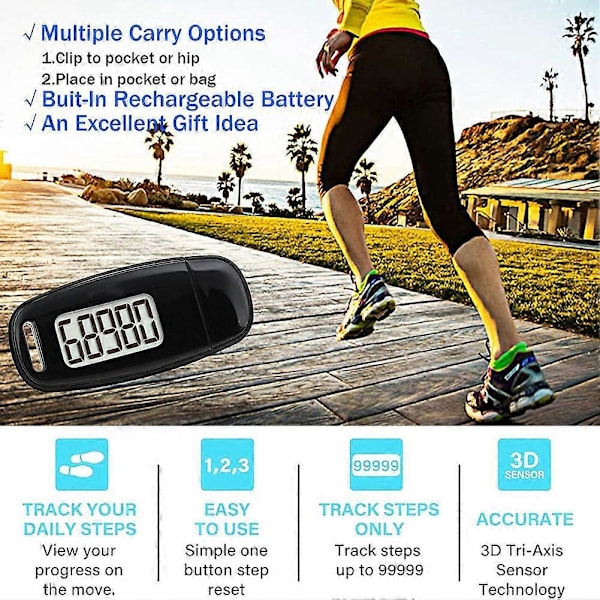 Enkel Stegräknare, 3D-stegräknare med Uppladdningsbart Batteri, Noggrann Fitness Tracker, Digital