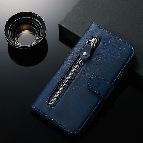 Ny Wallet Case Kompatibel Med Iphone 12, Premium PU Læder Magnetisk Lukning Kort Slots Kickstand Lynlås Lomme Blød TPU Flip Cover - Blå