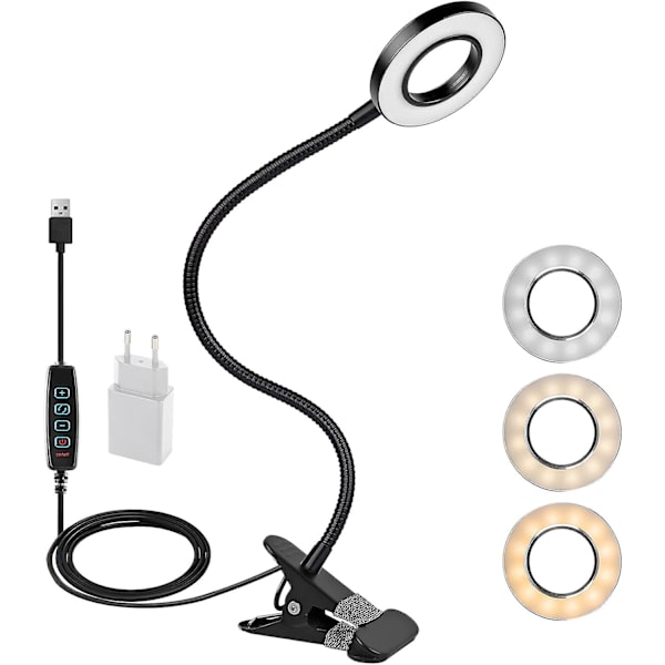 360 Fleksibel LED Clip Lampe - 3 Tilstande & 10 Dæmpningsniveauer - Til Sengegavle, Soveværelser, Kontorer - 12w - Med CE Adapter - Sort