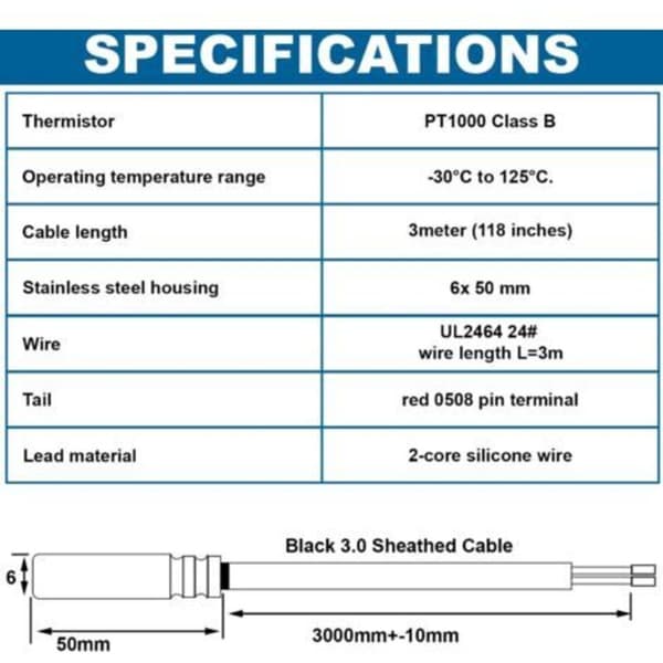 PT1000 vanntett temperatursensor, 3M solcelletemperatursensor med vanntett PVC og rustfri stålkabel