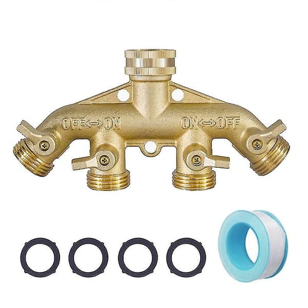 4-veis messingkranmanifold hageslangekobling, individuell messingstengeventil med hannkobling, solid messingmateriale