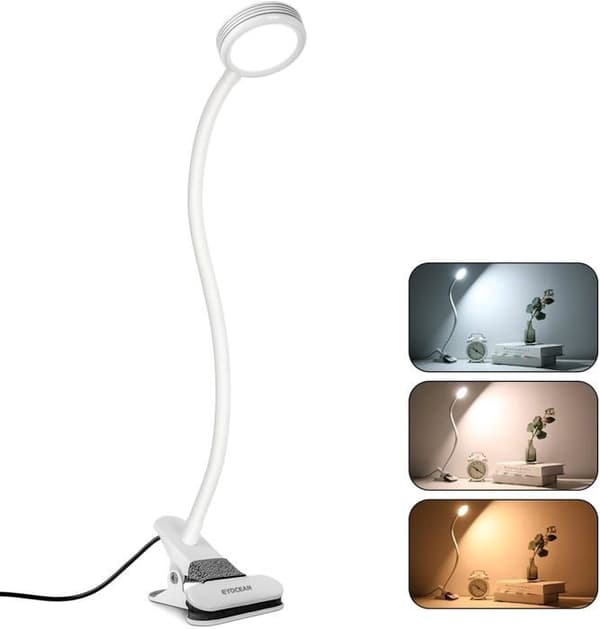 LED Desk Lamp with Clip for Reading, Table, Bed, Adjustable Brightness, 360° Flexible Design