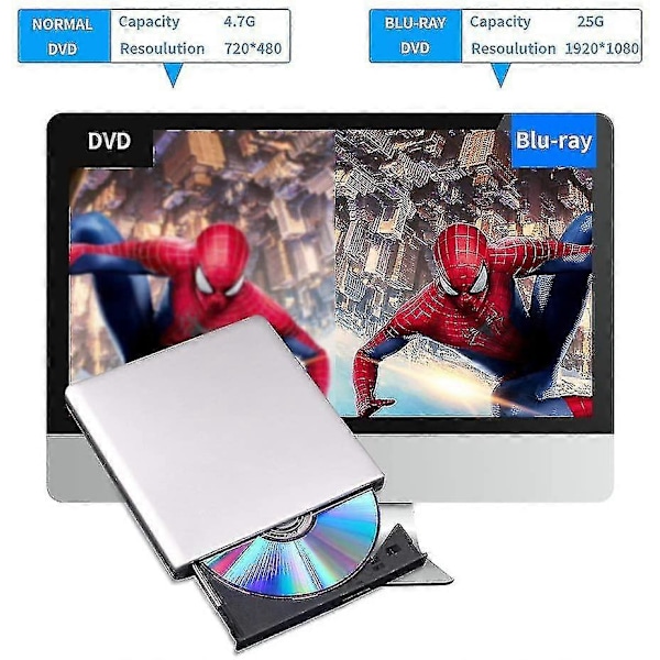 Ekstern Blu-ray Dvd-drev 3D, Usb 3.0 Og Type-C Blu-ray Cd Dvd-læser Slank Optisk Bærbar Blu-ray-drev Til Macbook Os Windows Xp/7/8/10, Bærbar Pc