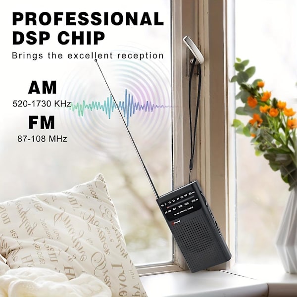 Kannettava AM/FM-radio pitkän kantaman vastaanotolla sisä-, ulko- ja hätäkäyttöön - Kaiutin ja kuulokeliitäntä mukana (musta)