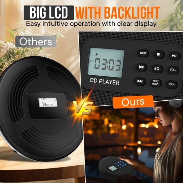 Bærbar CD-spiller - CD - LCD-skjerm - Stereohøyttalere - USB-lading