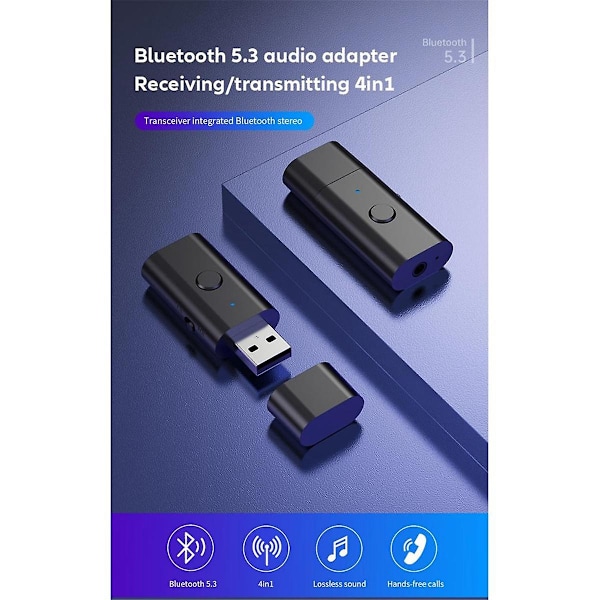 Bluetooth 5.3 Sändare Mottagare, 3.5mm Aux Trådlös USB-adapter, Inbyggd Mikrofon, Musikströmning