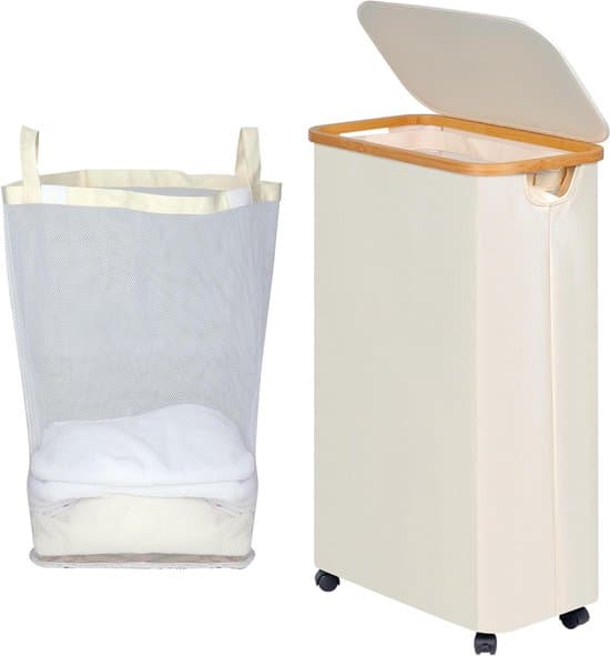 Erittäin suuri pyykkikori pyörillä - 100L - Beige - Bambu - Kannella