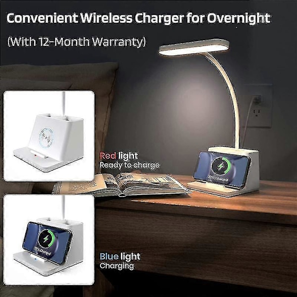 Skrivebordslampe med trådløs lader, hvit svanehals skrivebordslampe, studie for soverom - skrivebordslamper Offi