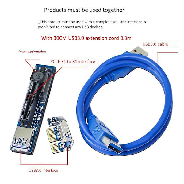 PCI-E Riser PCIE PCI-Express X1 til X4 Riser PCI E Riserkort Udvid Adapter med 30CM USB3.0 Forlænger