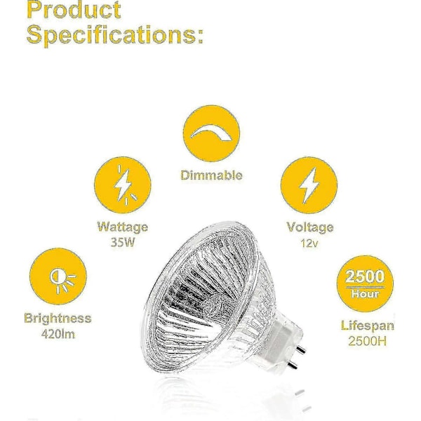 Mr16 Spottivalo, 12v 35w Lamppu, Gu5.3 Himmennettävä Lamppu, 2-nastainen Halogeenilamppu Lämmin Valkoinen 2700k, 12 kpl pakkaus (mr16-35w-12p) Boris