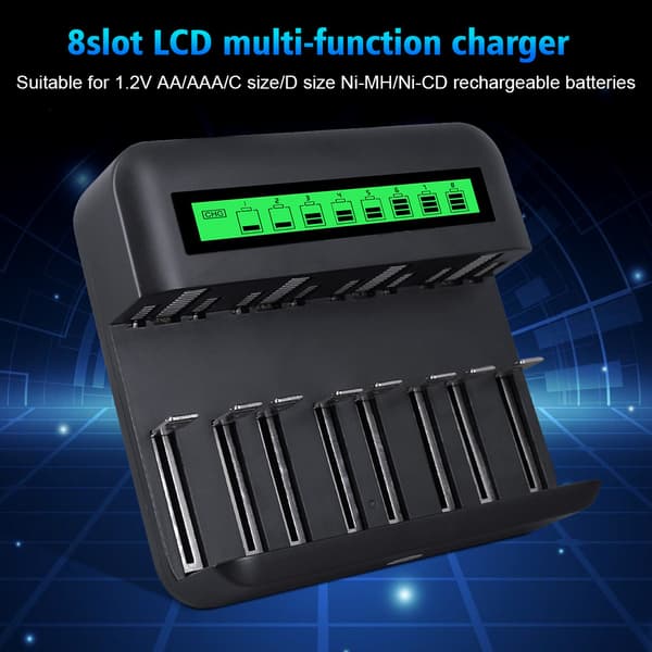 Batterioplader - 8 pladser - Smart USB - Kompatibel med AA-, AAA- og CD-batterier - LCD