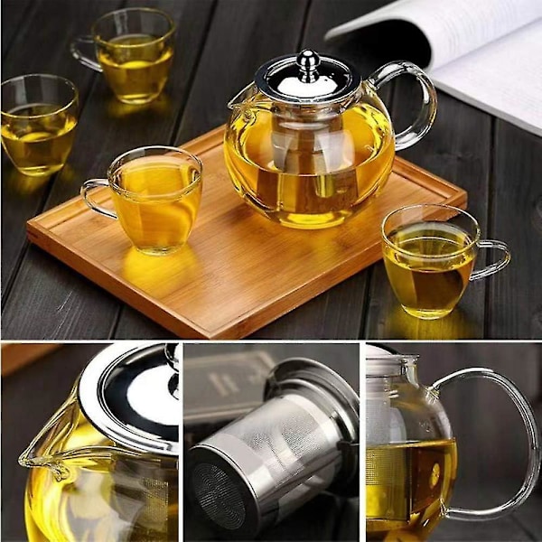 Glasstekanne med avtakbar infuser, sikker kjele, sett for blomster- og løsbladte