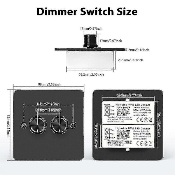 DC 12V-24V LED Lysdæmperkontakt 2 Grupper 120W Væg Tryk På/Af Drejekontrol Lysdæmper