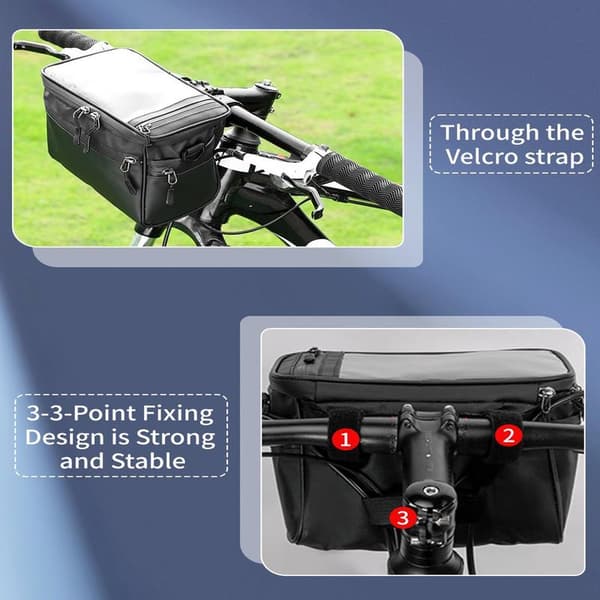 Handlebar Bag - Insulated Front Handlebar Bag - Bicycle Accessories - Bicycle Basket - Touchscreen Phone Bag with Shoulder Strap - Black