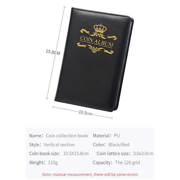 Myntbog Souvenirer - Læder, 15,8*10,5 cm, 120 rum, 3*3 cm/rum, rød/sort, 2 stk