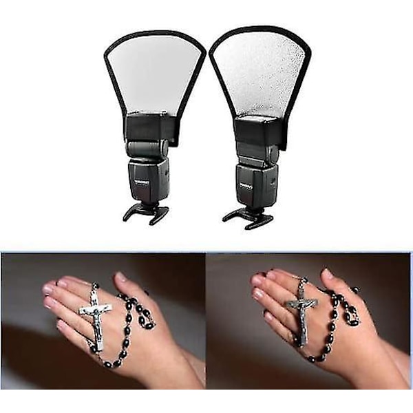 Blitsdiffusorreflektor, 2-sidig hvit/sølv Bend Bounce blitsreflektorsett med elastisk stropp for Speedlight-blitser (hvit/sølv)