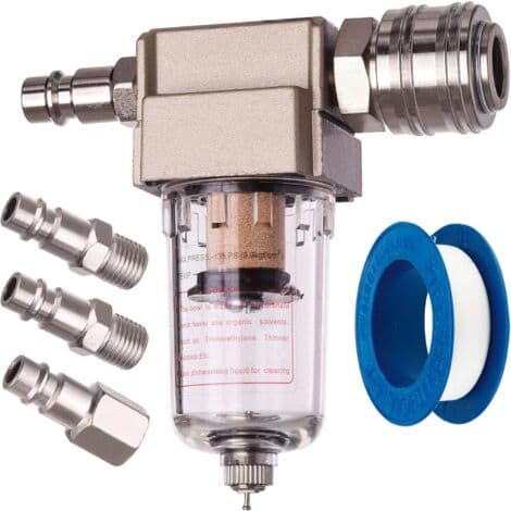 Trykluftfilter til kompressor – Vand- og olieudskiller – 1/4\" lynkobling – Maks. tryk 12 bar – Flowhastighed 500 l/min