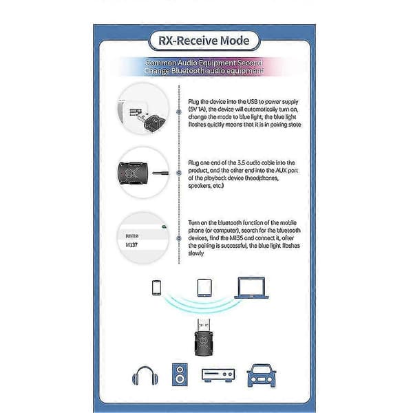 USB Bluetooth 5.2 Lydadapter Trådløs Mottaker Sender Lydkort 3.5mm Aux Musikk Dongle for
