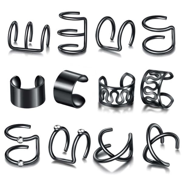 12-pack Fake Helix Piercing Earring Ear Cuff without Hole Black