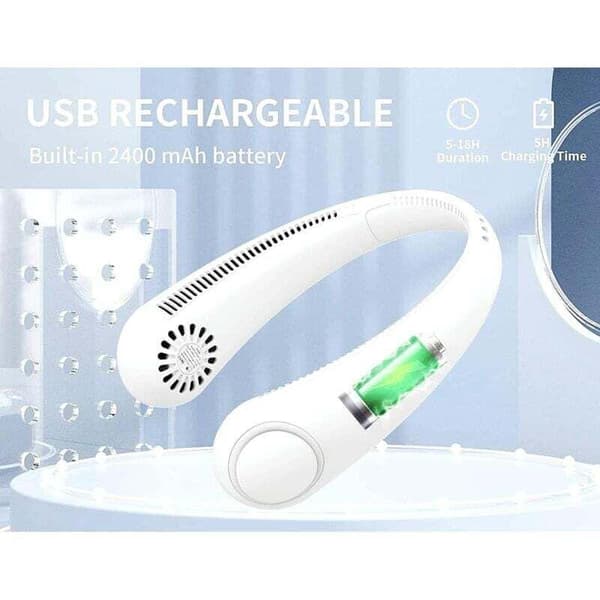 Bærbar halsventilator. USB-halsventilator. Bladløs håndfri ventilator. Tre blæserhastigheder (hvid).