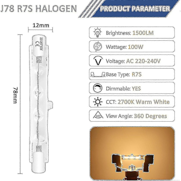 Förpackning med 6 halogenlampor R7s 78mm 100w 230v, dimbar halogenrörlampa, varmvit 2700k, 1500lm, linjär halogenstrålkastare, för landskapsbelysning, arbete