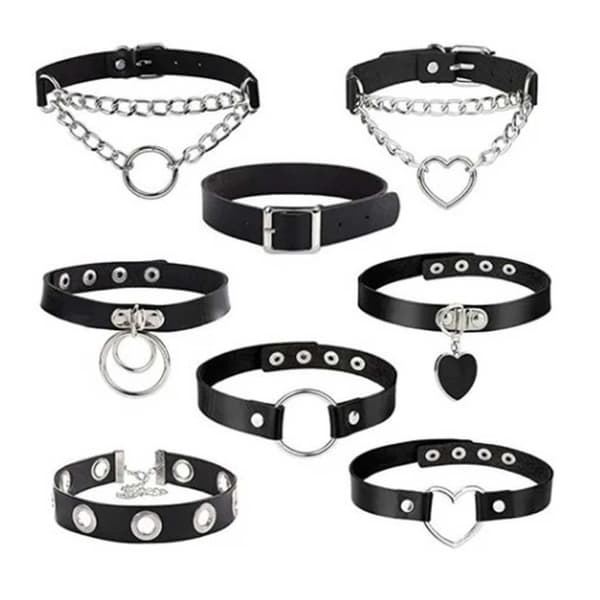 8-pak PU Læder Choker Halskæde Sort