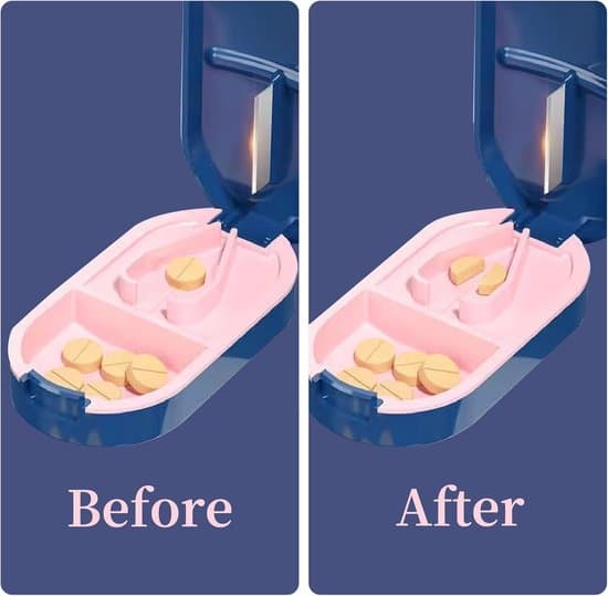 Pill splitter, V-shaped design for various pill sizes, precise cutting, compact with storage compartment, blue