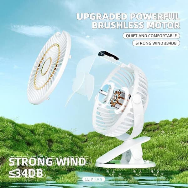 Miniskrivebordsventilator med klips. 5 blæserhastigheder. 720° rotation, genopladelig, med LCD-skærm.
