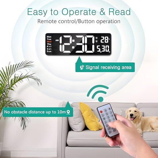 40 cm (16 inch) LED Digital Wall Clock with Remote Control, Large Screen, 2 Alarms, Adjustable Brightness, Timer, Time/Date/Temperature Display