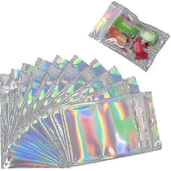 100 stk. Store Genlukkelige Lugtsikre Mylarposer. Holografisk Farvefolie Ziplock 7,5*12cm