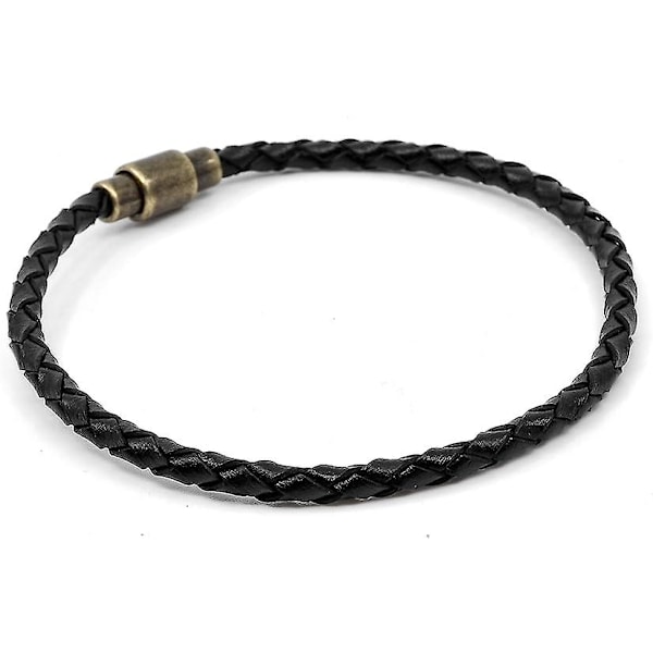 Handgjord enkel loop flätad läderarmband med magnetiskt mässingsspänne, svart
