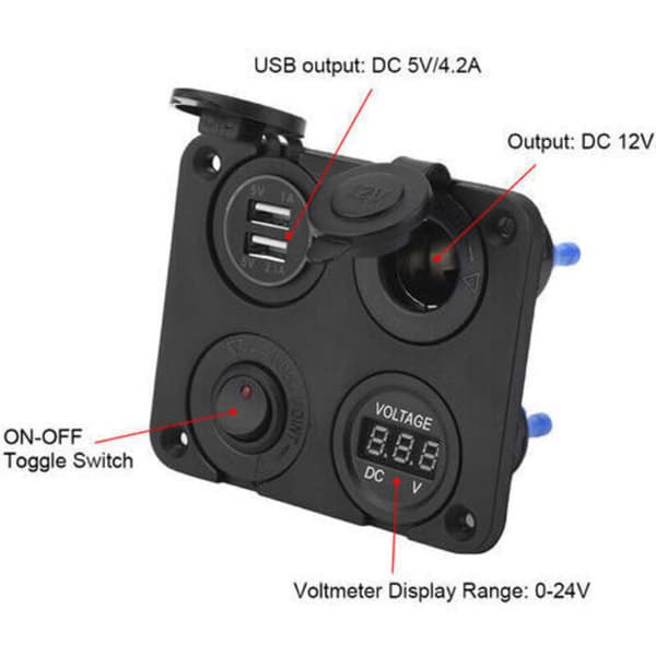 12V 4-gangs LED vippekontaktpanel cigarettænder voltmeter dobbelt USB 4.2A til bilbåd rød