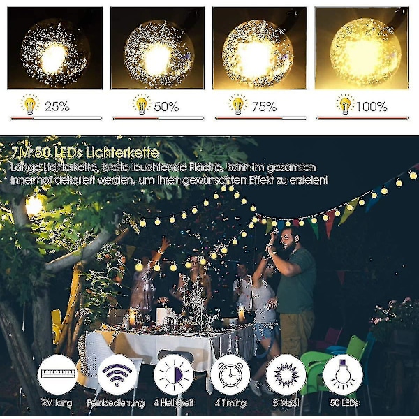 Erittäin Pitkä Aurinkovalosarja 7m 50 Led Lämmin Valkoinen Kristallipallo Ip65 Vedenpitävä 8 Tilaa Kaukosäätimellä, 14-30 tuntia, Puutarhakoriste, Verho