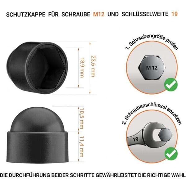 M12 mutterhetter for 19mm nøkkel, svart, 60 stk. Hullplugg