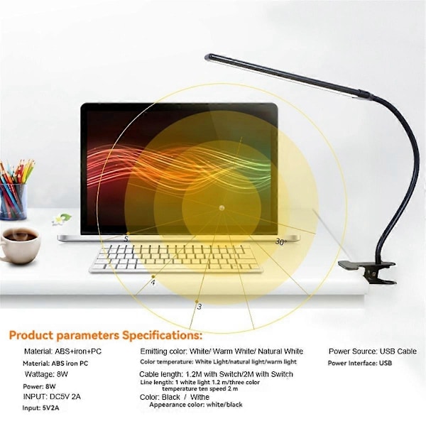 Clip-on LED-stafflilampa med ClearSun LED-teknik, klämlampa, justerbar och flexibel hals för precisionsbelysning