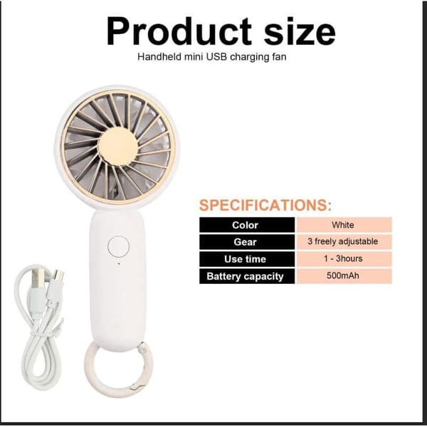 Mini bærbar ventilator. Håndholdt ventilator. Personlig USB-bordventilator. Lommeventilator (hvid)