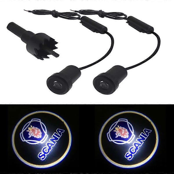 2X LED Bildörrlampa för Tamiya Scania R620 R470 Scania Logotyp Laser Courtesy Shadow Light Interiörbelysning Tillbehör 2024THO