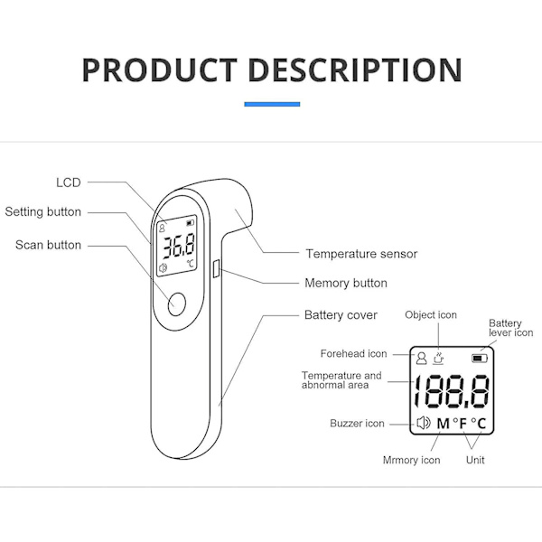 Infrarødt pandetermometer, kontaktfrit medicinsk termometer, med LED-display, feberalarm og hukommelsesfunktion
