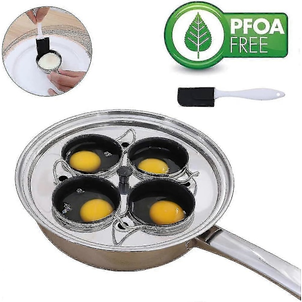 Äggkokare med 4 Koppar - Äggkokare i Rostfritt Stål för Pocherade Ägg, Induktionshäll, Äggkokare Set med 4 Nonstick Stora Silikon Äggkokare Koppar