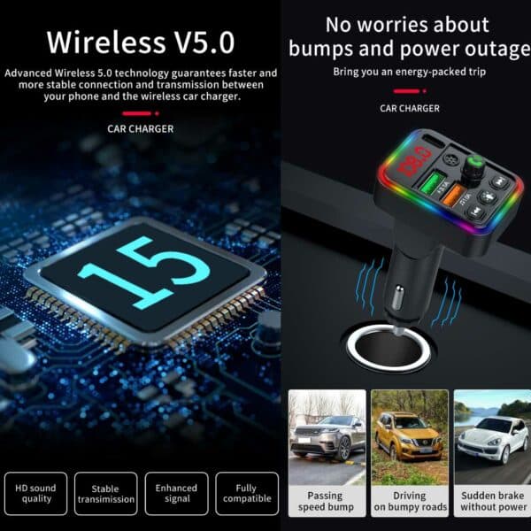 Bluetooth FM-sändare Billaddare USB-C RGB