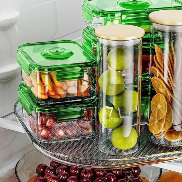 Lazy Susan Rotating Refrigerator Organizer with Non-Slip Mat - Storage Bins and Spice Holder - Practical Refrigerator Turntable