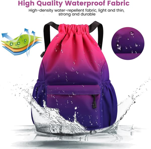Drawstring Bag, Waterproof Sports Bag with Wide Shoulder Strap, Inner Pocket and Security Pocket, Front and Back Zipper Pockets, Gradient Red.
