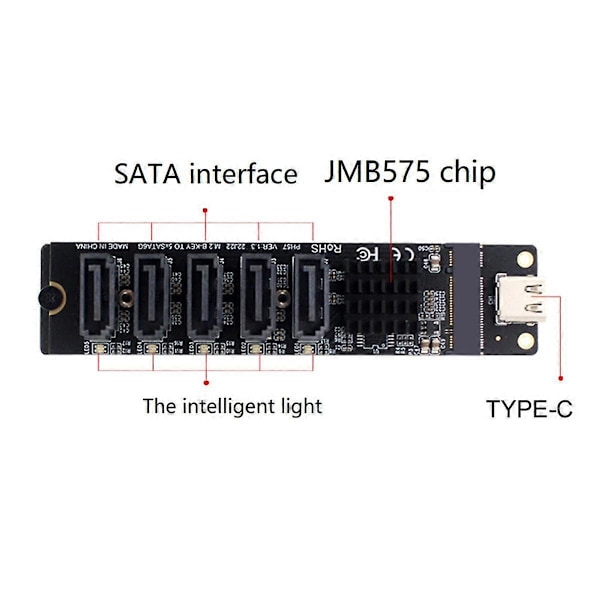 TYPE-C - SATA3.0 5 Portin Adapterimuunninkortti 6Gbps USB10G JM575+JMS580 SATA SSD HDD -laajennukseen