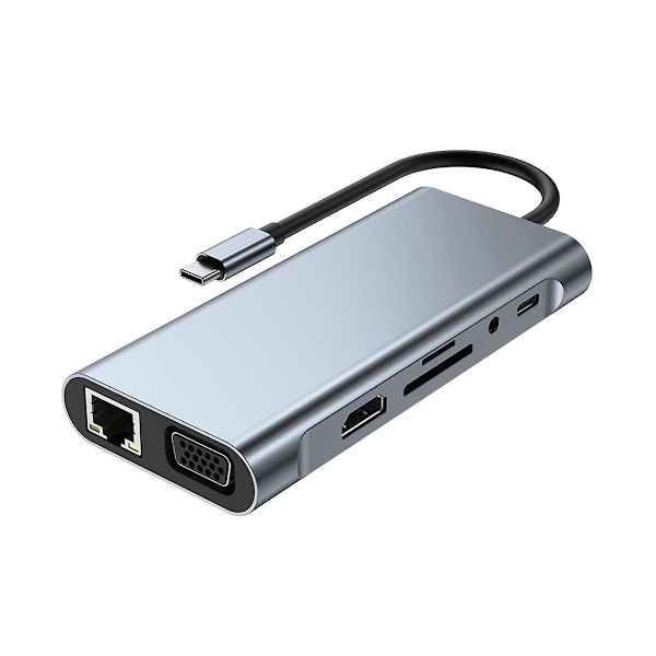 11-i-1 USB-C-dock, USB-hub 3.0, splitter, multiport-adapter, 4K-kompatibel, RJ45, SD/TF, VGA, PD, ljud