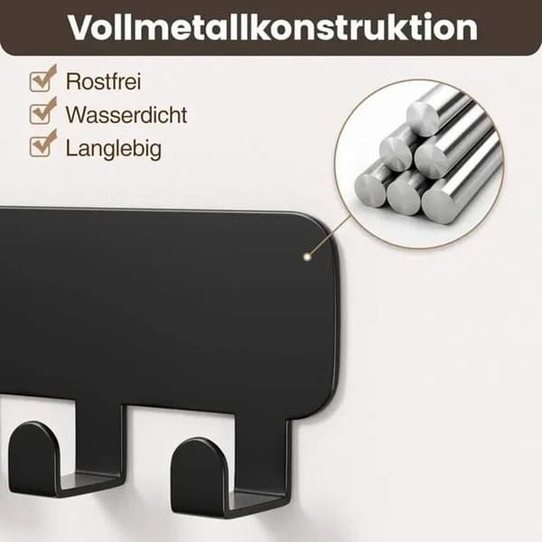 Nøgleholder til vægmontering uden boring, 8 sorte metalkroge, selvklæbende bagside til entré, køkken, badeværelse, 32 cm